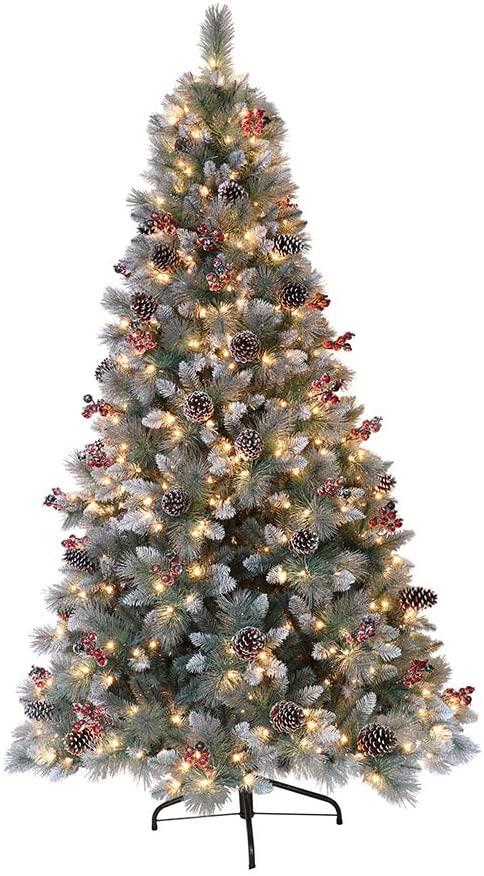 Joedot 7.5 ft. Pre-Lit Sterling Pine Artificial Christmas Tree with 600 UL-Listed Clear Lights, Pine Cones, Red Berries and Silver Glitter Accents