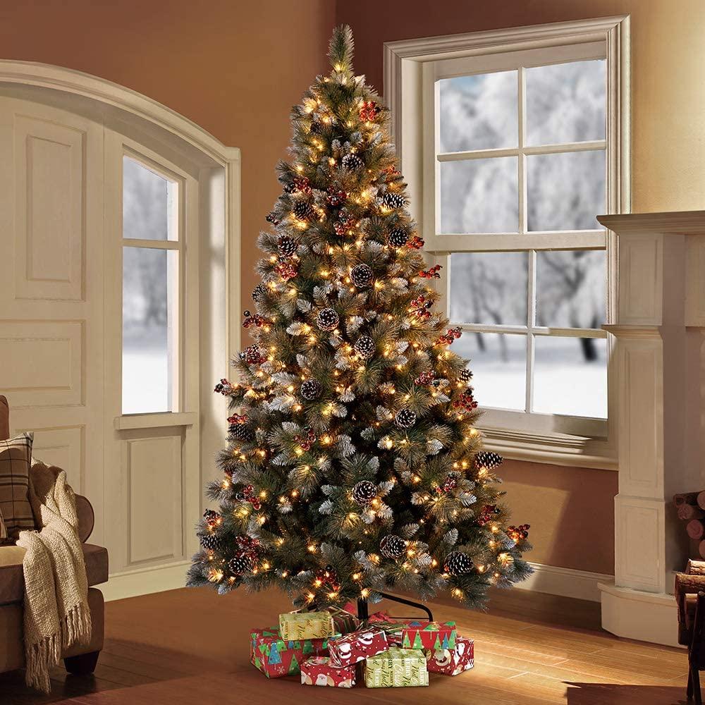 Joedot 7.5 ft. Pre-Lit Sterling Pine Artificial Christmas Tree with 600 UL-Listed Clear Lights, Pine Cones, Red Berries and Silver Glitter Accents