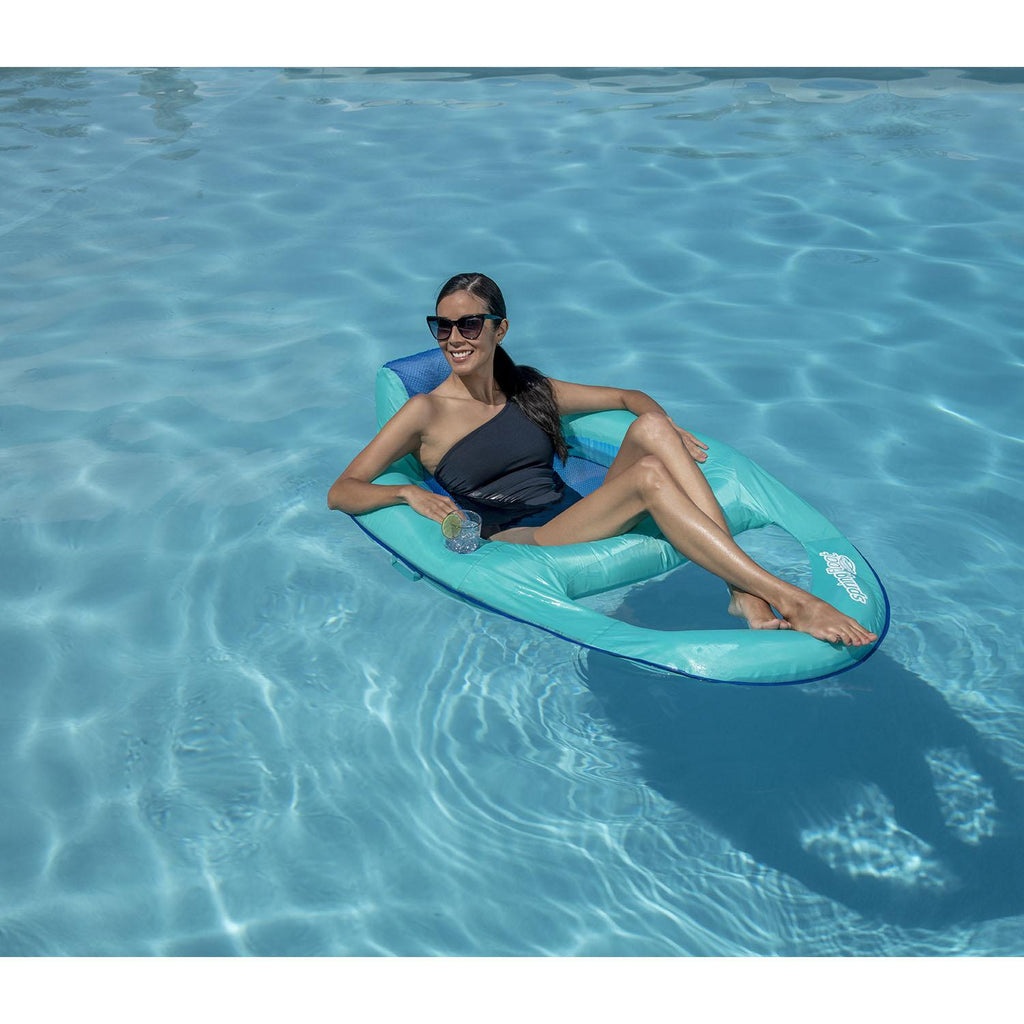 SwimWays Inflatable Soft Mesh Twist and Fold Spring Stable Relaxing Recliner Pool and Lake Float Lounger with Cup Holder, Aqua