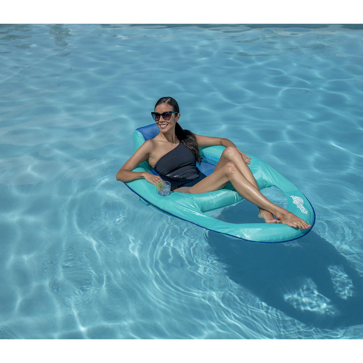SwimWays Inflatable Soft Mesh Twist and Fold Spring Stable Relaxing Recliner Pool and Lake Float Lounger with Cup Holder, Aqua