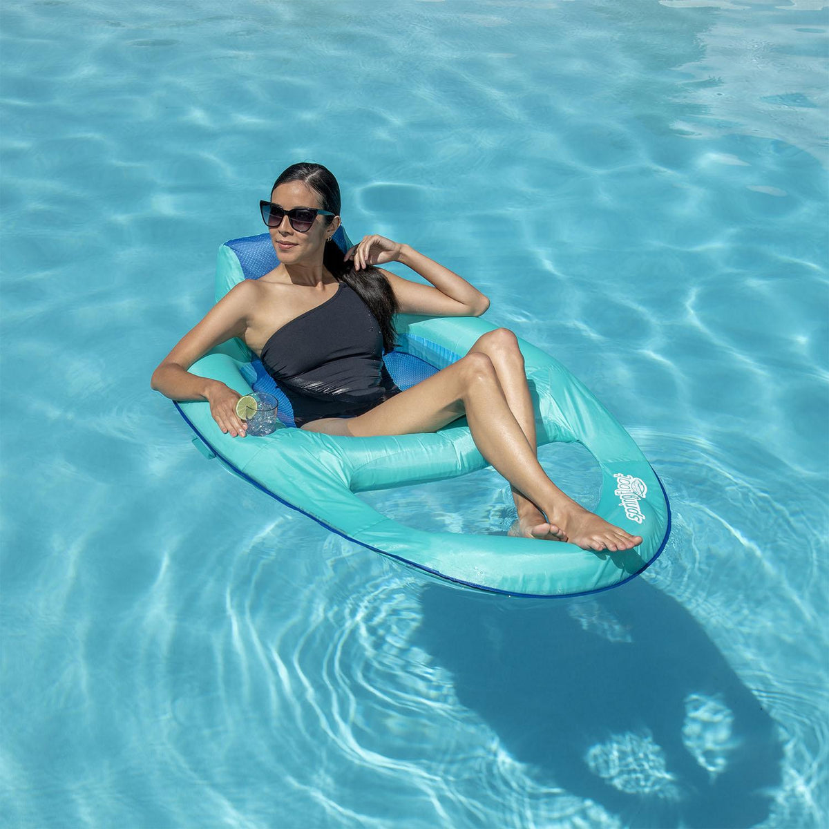 SwimWays Inflatable Soft Mesh Twist and Fold Spring Stable Relaxing Recliner Pool and Lake Float Lounger with Cup Holder, Aqua