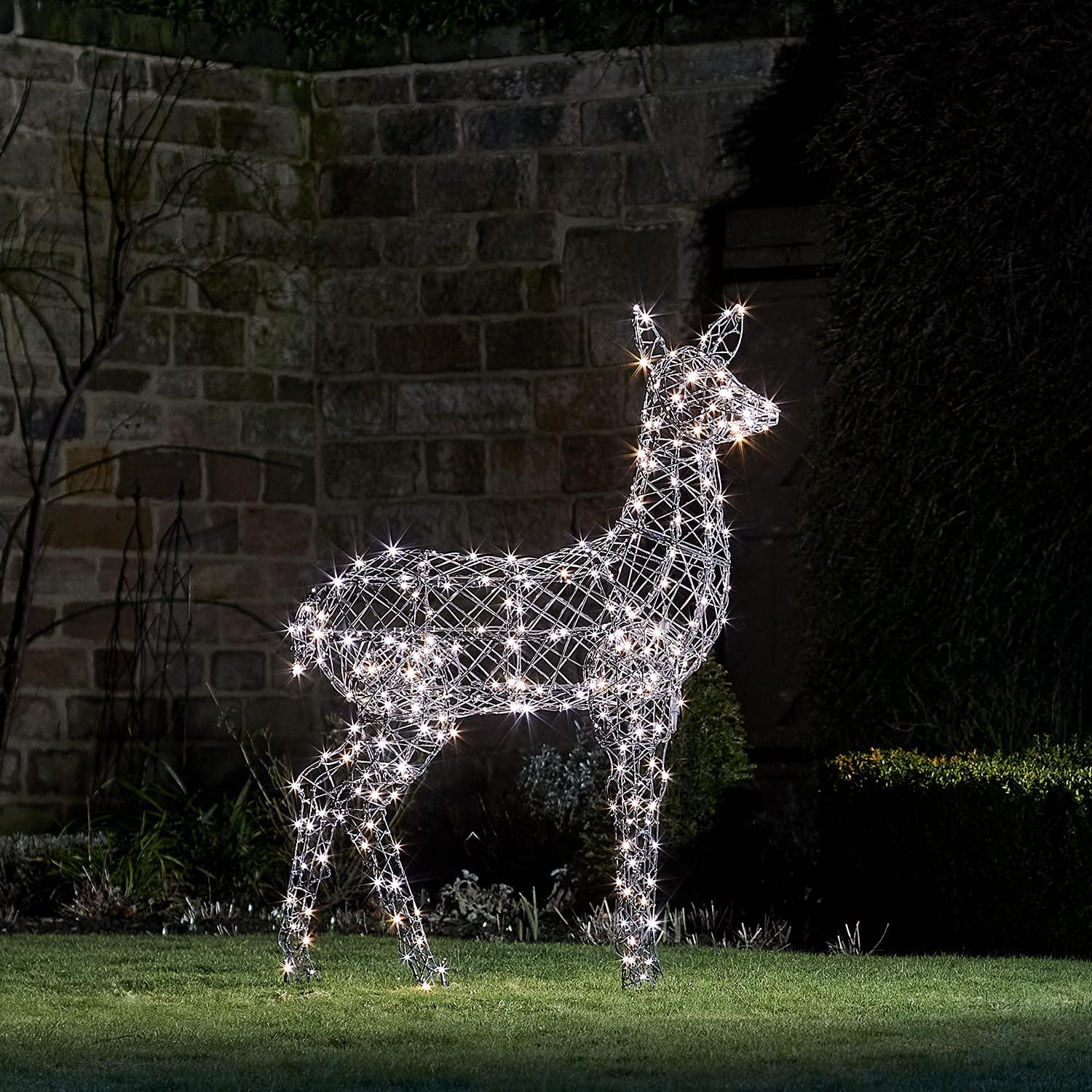 Lights4fun, Inc. 4.3ft LarGray Rattan Doe Reindeer LED Christmas Light Up Figures Decoration for Indoor Outdoor Use