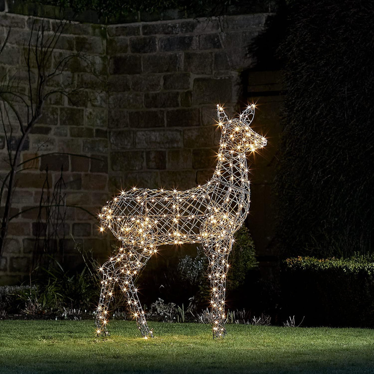 Lights4fun, Inc. 4.3ft LarGray Rattan Doe Reindeer LED Christmas Light Up Figures Decoration for Indoor Outdoor Use