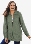 marled zip-front cable knit cardigan