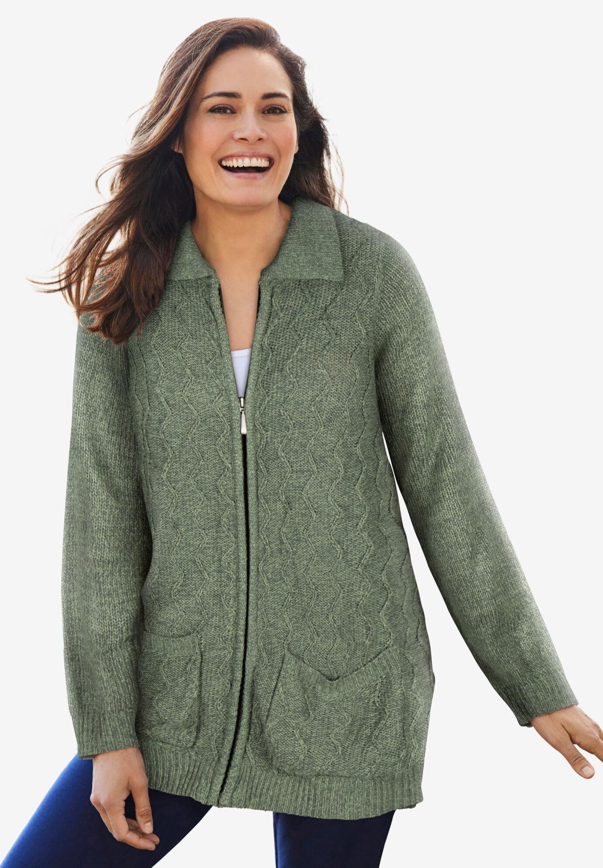 marled zip-front cable knit cardigan