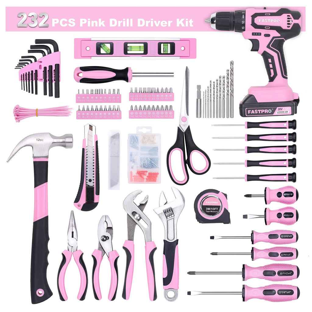 232-Piece Pink Tool Set with Drill, 20V Cordless Drill Driver and Home Tool Set, Pink Drill Set for Women, Lady's Repairing Kit with 12-Inch StoraBag, Pink