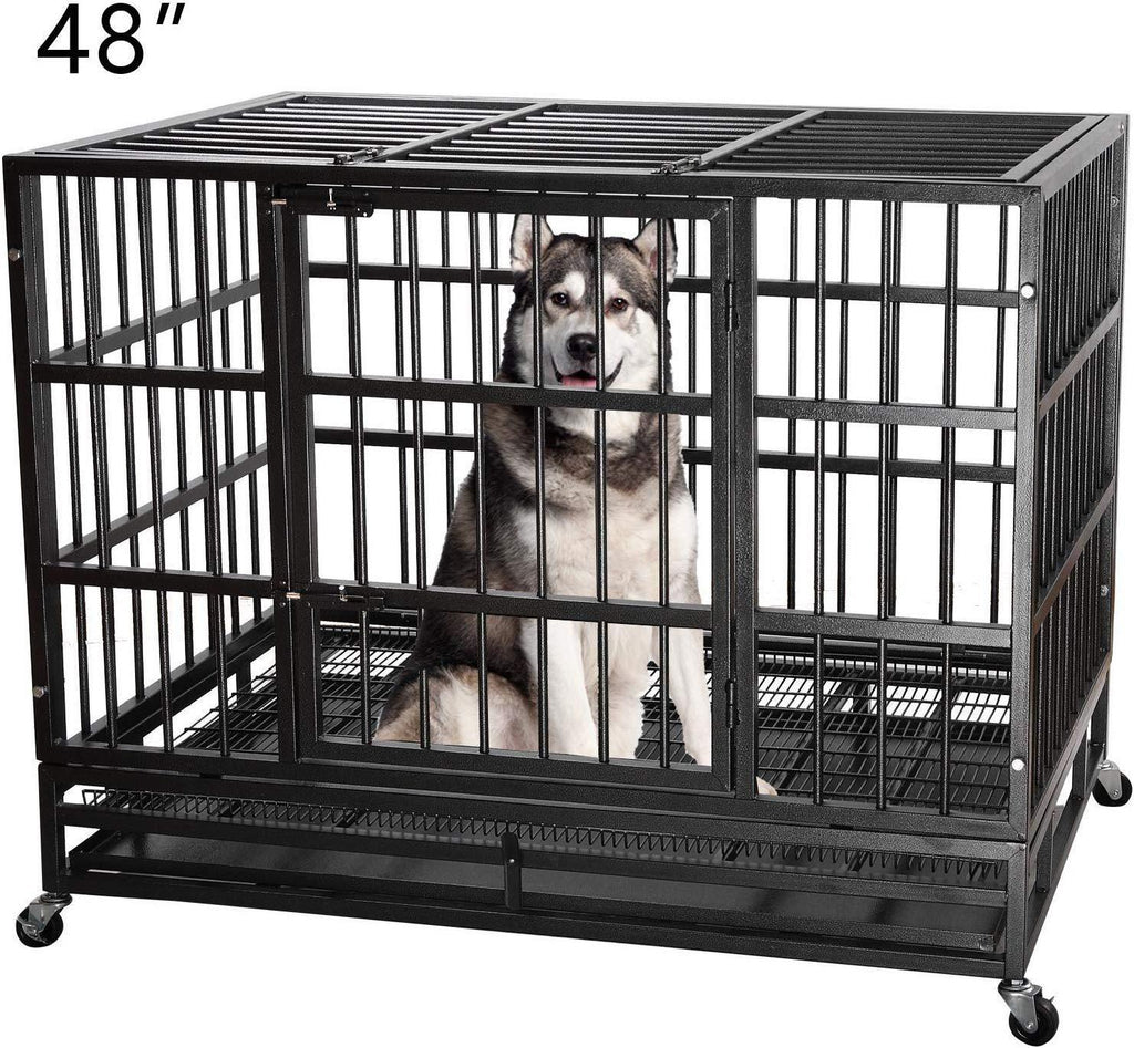 ITORI Heavy Duty Metal Dog CaKennel Crate and Playpen for Training LarDog Indoor Outdoor with Double Doors &amp; Locks  Included Lockable Wheels Removable Tray42in 48in
