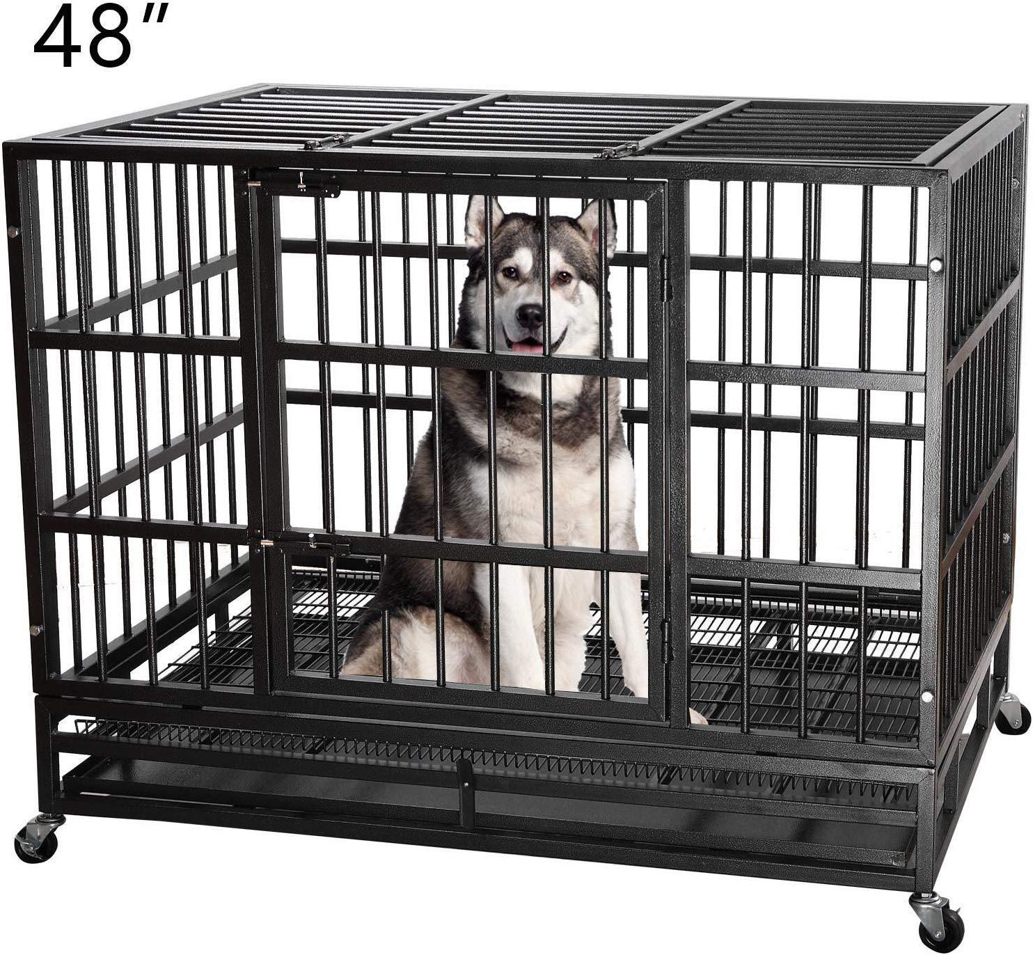 ITORI Heavy Duty Metal Dog CaKennel Crate and Playpen for Training LarDog Indoor Outdoor with Double Doors &amp; Locks  Included Lockable Wheels Removable Tray42in 48in