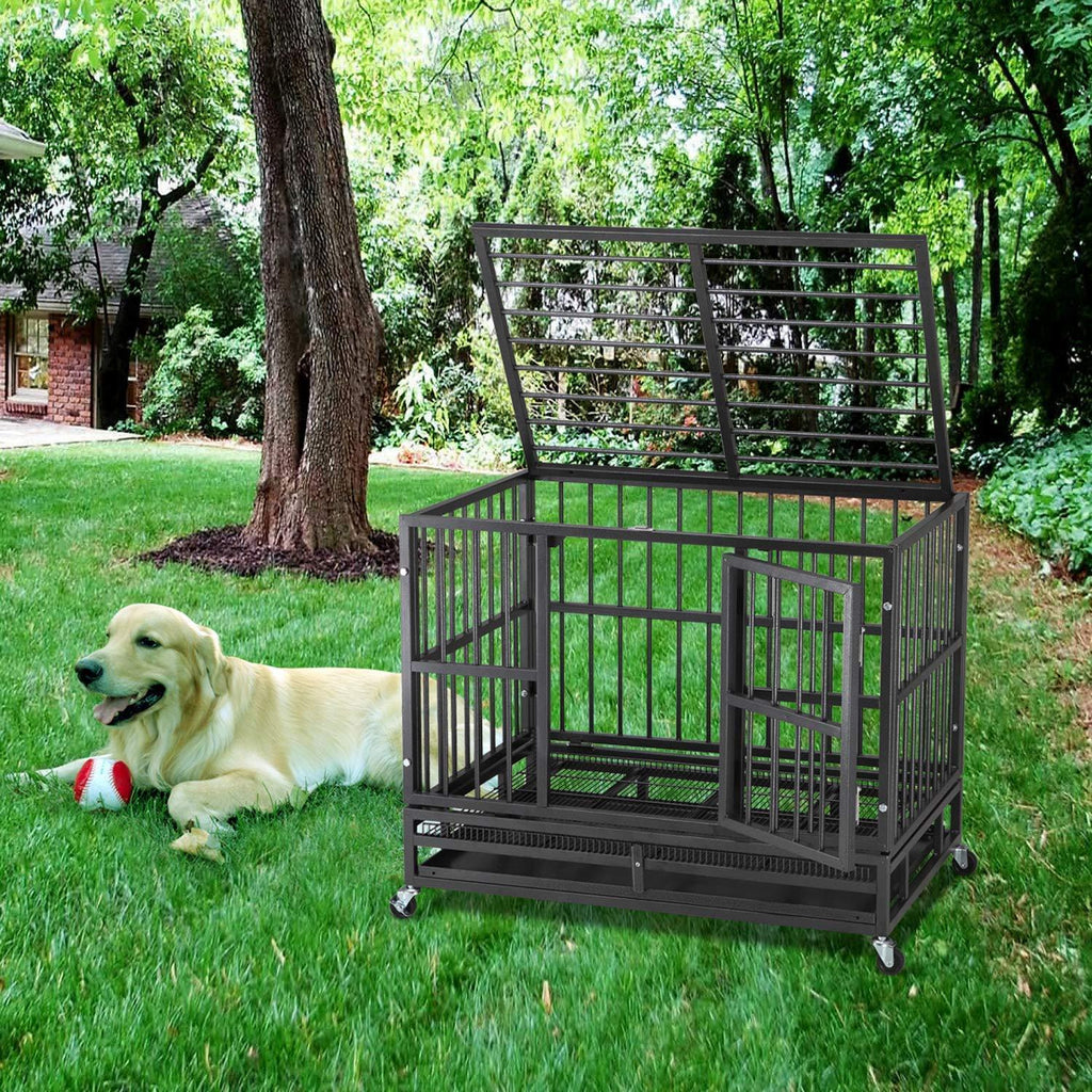 ITORI Heavy Duty Metal Dog CaKennel Crate and Playpen for Training LarDog Indoor Outdoor with Double Doors &amp; Locks  Included Lockable Wheels Removable Tray42in 48in