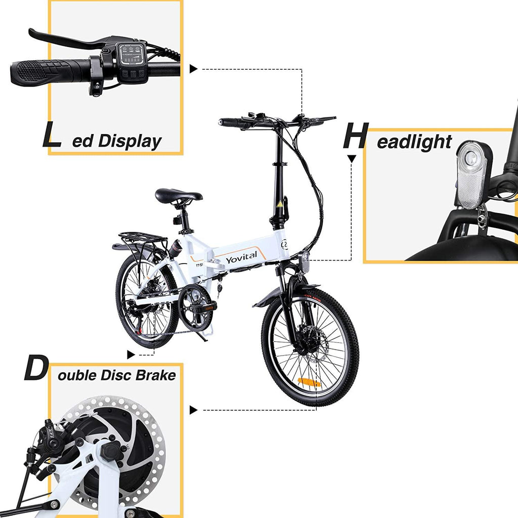 Folding Electric Bike,20" Yovital Electric Bikes for Adults with Removable 36V/10Ah Battery &amp; 350W Brushless Motor,Electric Bicycle with 3 Riding Modes &amp; Double Shock-Absorption,  7 Speed Gear