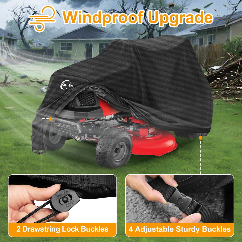 Riding Lawn Mower Cover 600D Heavy Duty Lawn Tractor Cover Waterproof, Universal Fit with 4 Buckles, 2 Drawstrings and StoraBag