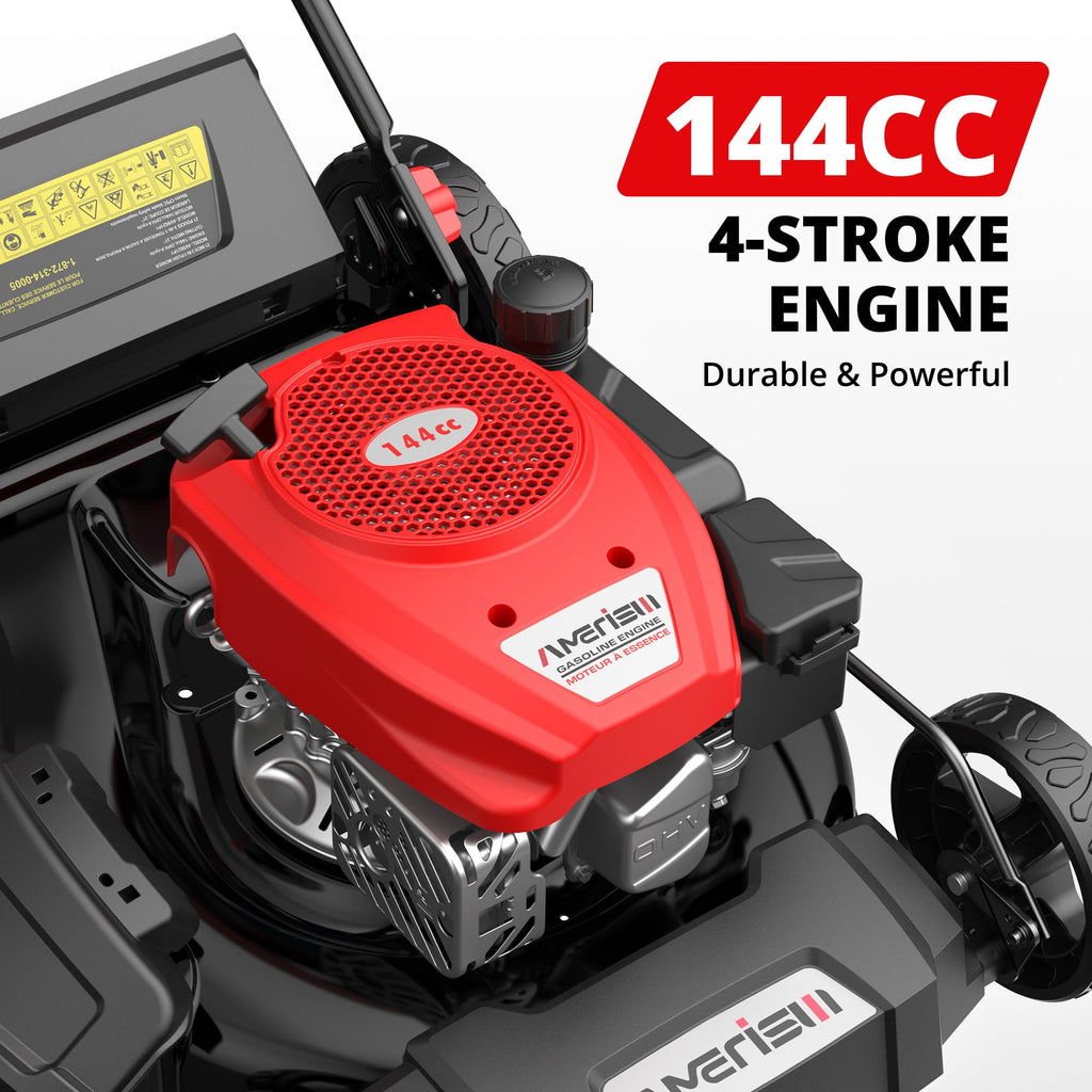 21-Inch Gas Lawn Mower, 144cc 4-Stroke OHV Engine, 2-in-1 Push Lawn Mower with Mulching &amp; Side Discharge, 6-Position Height Adjustment, 7-Inch Front/10-Inch Rear Wheels