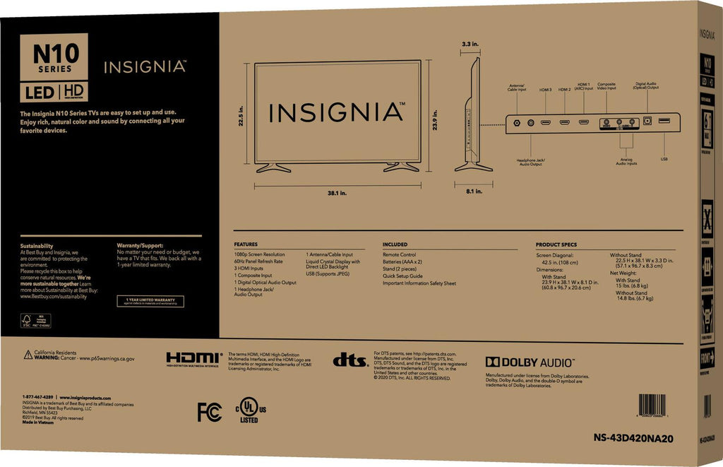 insignia- 43" class n10 series led full hd tv