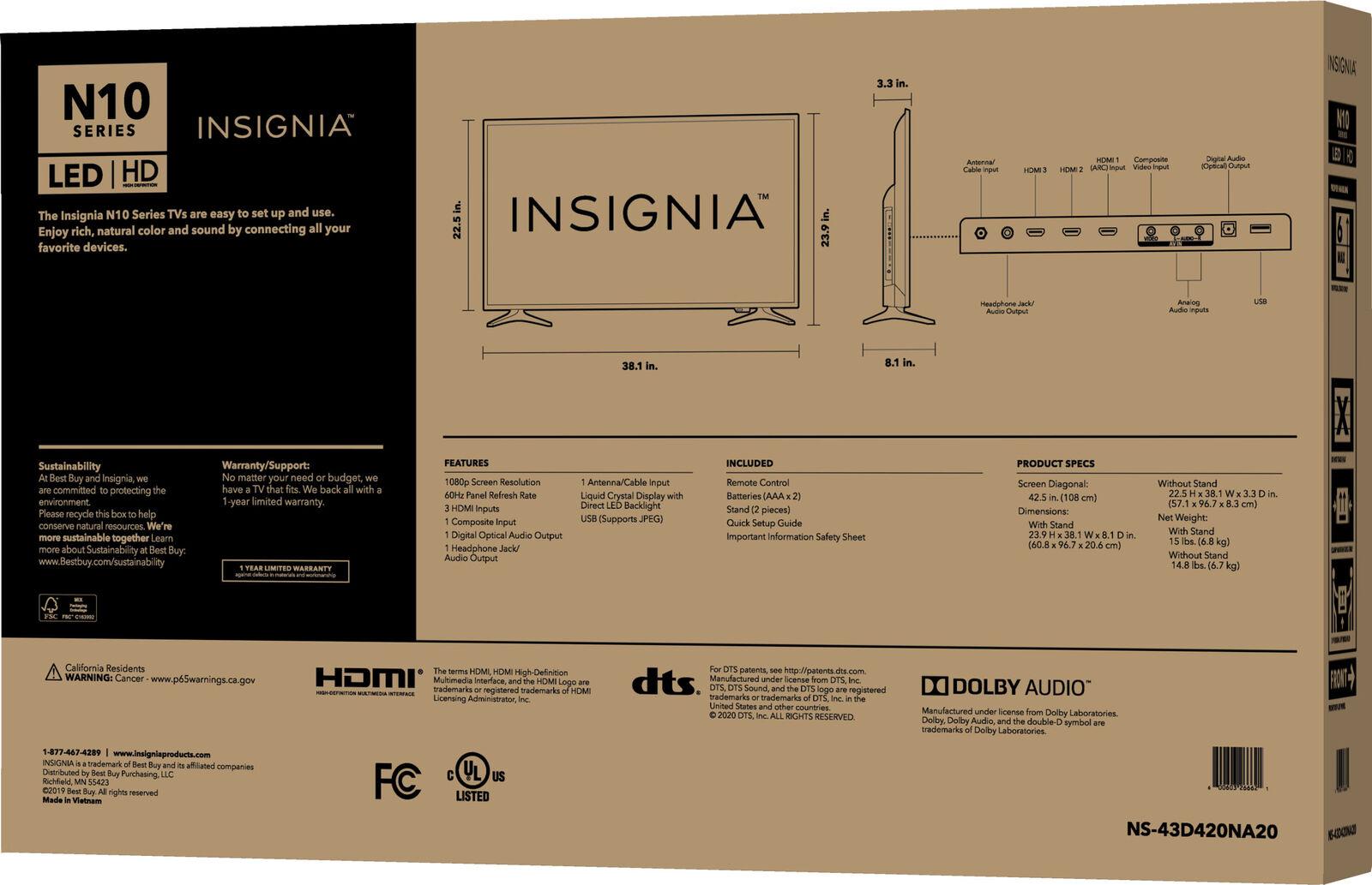 insignia- 43" class n10 series led full hd tv