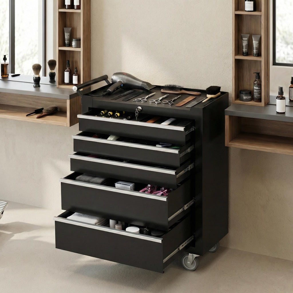 Rolling Tool Chest, 5 Drawers Tool StoraCabinet, Toolbox with Wheels, Portable Tool Cabinet Organizer with LocSystem & Drawer Liners, Tool StoraCart for Garage, Workshop, Black