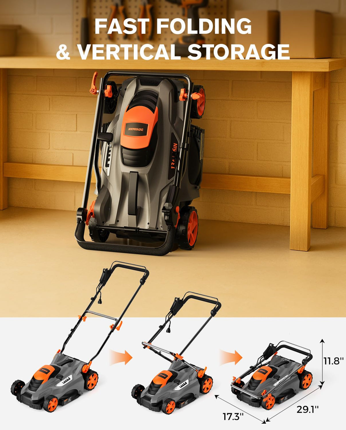 13Amp 16" Lawn Mower, 98% Collection, 13.2-Gallon Bag, 5-Position Height Adjustment, 3-Step  Vertical Fold Storage, 2-in-1 Mulching &amp; Bagging, Corded Lawn Mower for Your Garden