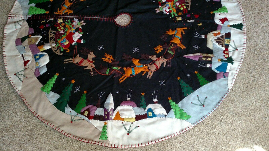 60"  Wool Santa Sleigh Reindeer CHRISTMAS TREE SKIRT Applique Embroidery