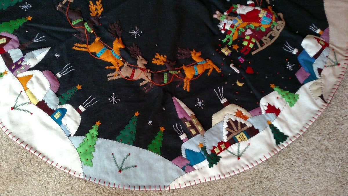 60"  Wool Santa Sleigh Reindeer CHRISTMAS TREE SKIRT Applique Embroidery