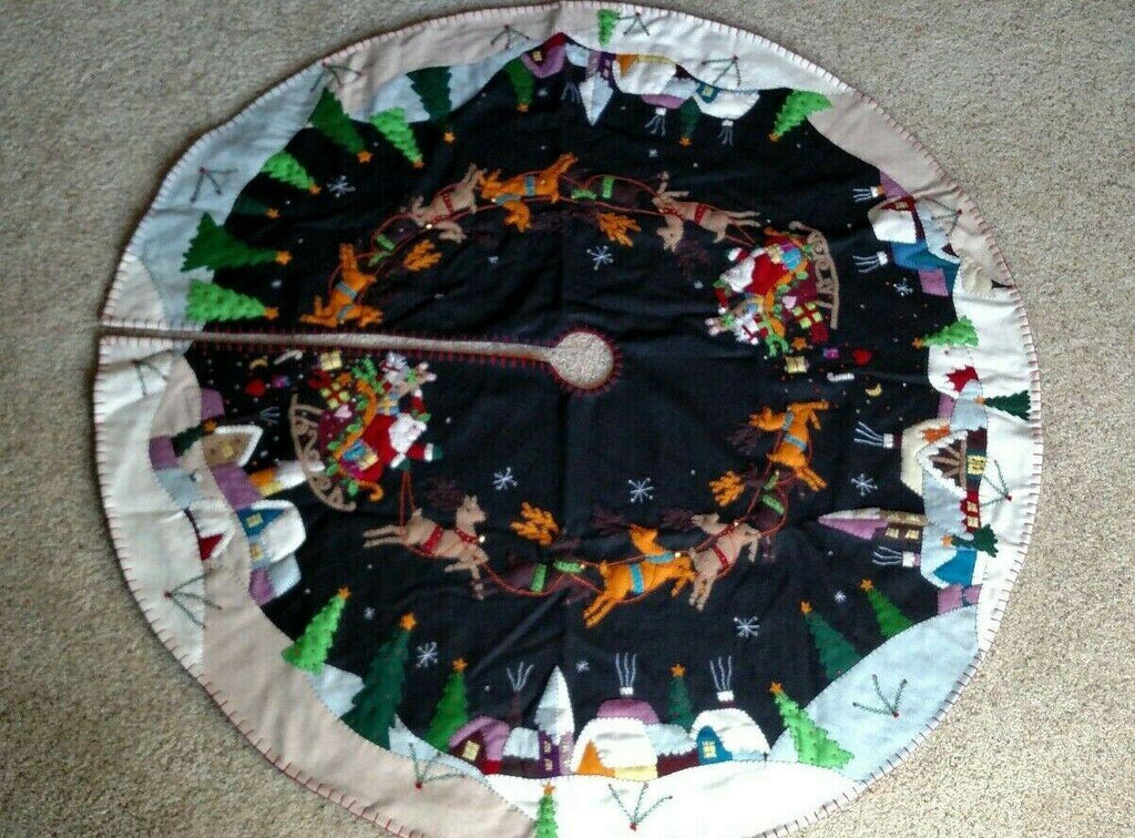 60"  Wool Santa Sleigh Reindeer CHRISTMAS TREE SKIRT Applique Embroidery