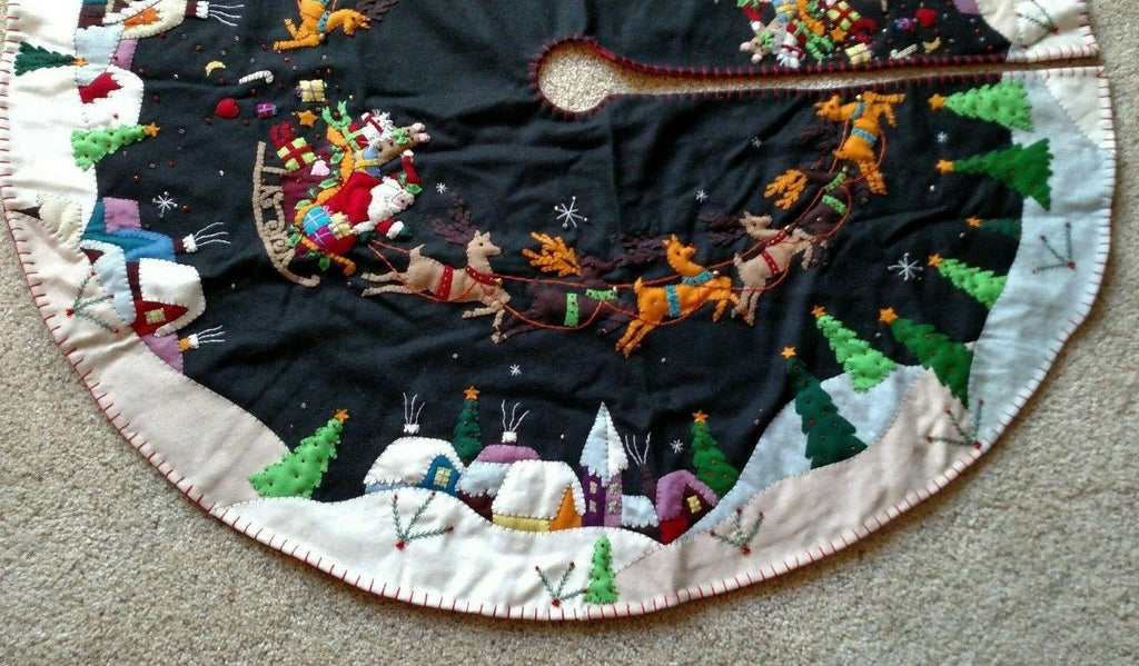 60"  Wool Santa Sleigh Reindeer CHRISTMAS TREE SKIRT Applique Embroidery