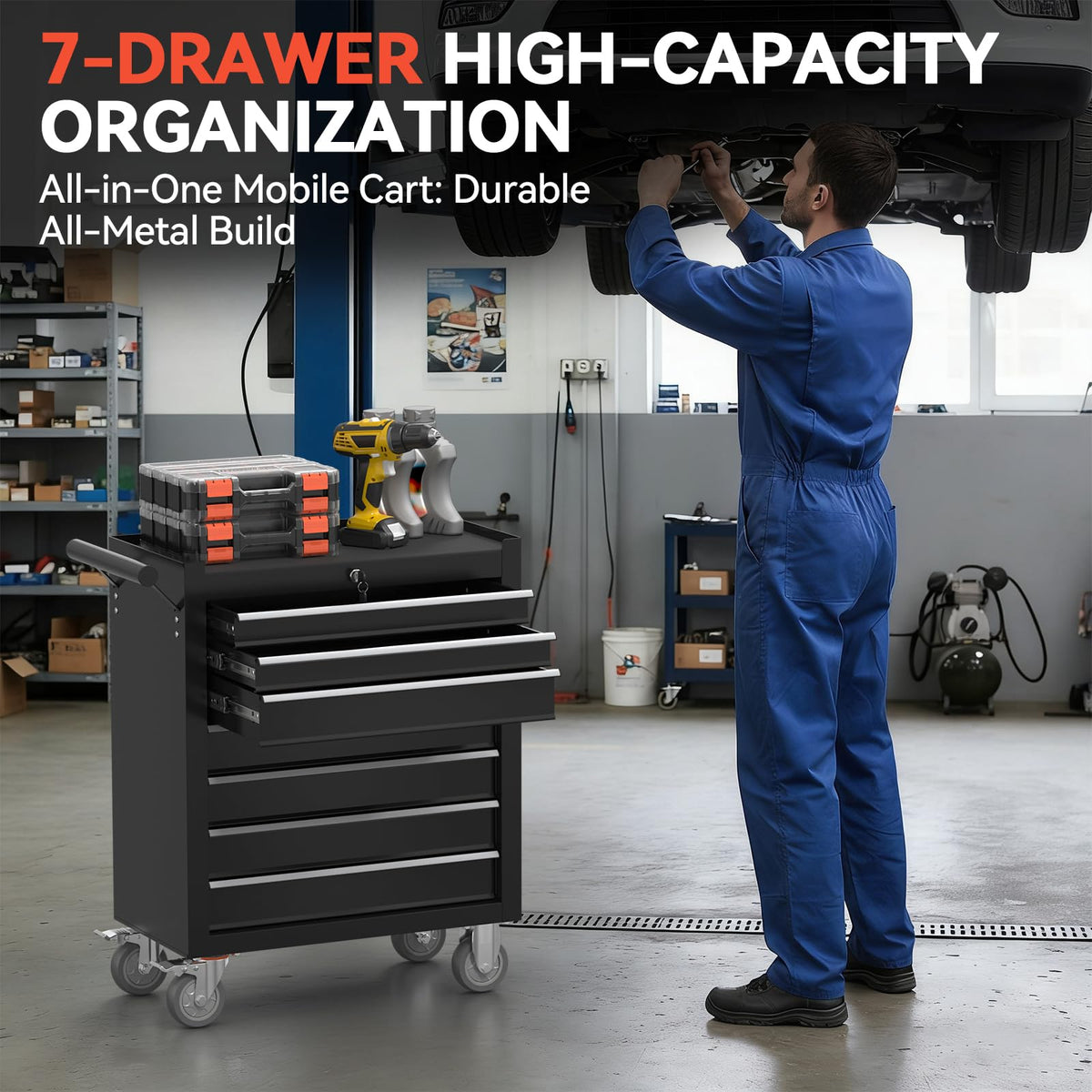 7-Drawer Rolling Tool Chest with Wheels, Metal Tool StoraCabinet with Lock&Keys and Swivel, Toolbox with Drawers, Tool Box for Warehouse,Garage, Repair Shop, Workshop (Black, 7-Drawer)