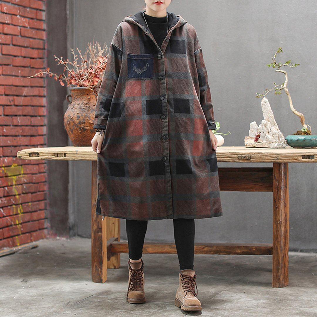 plaid hooded coat with pocket