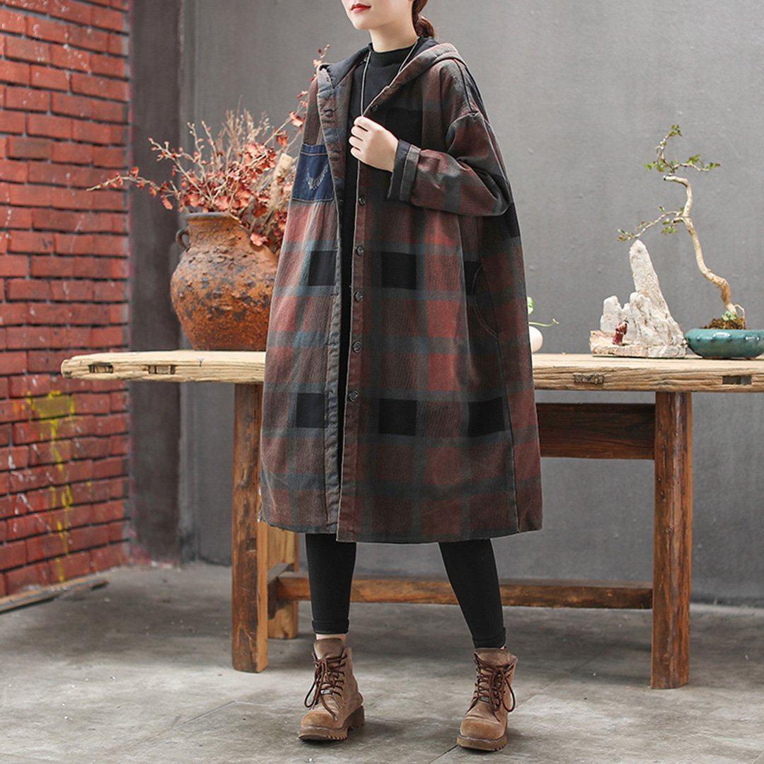 plaid hooded coat with pocket