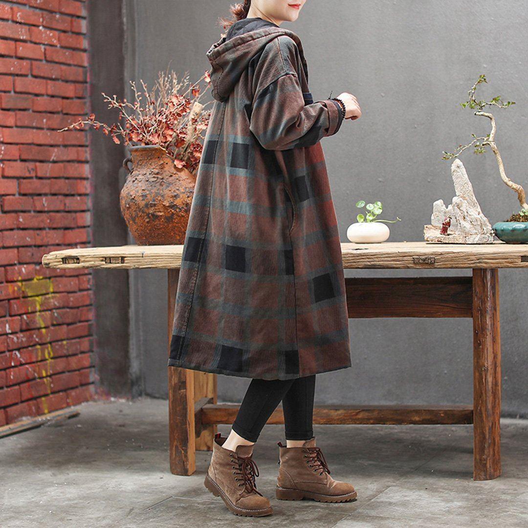 plaid hooded coat with pocket