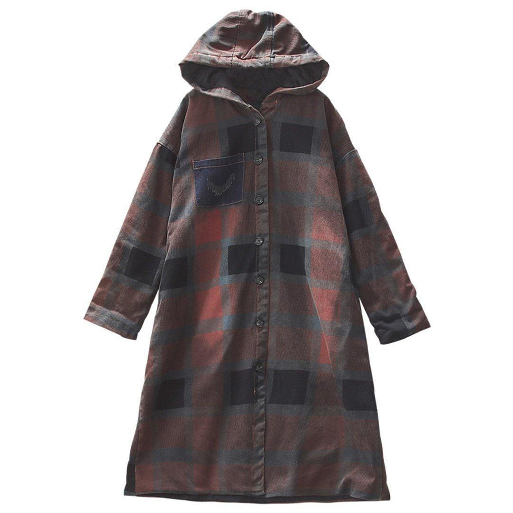 plaid hooded coat with pocket