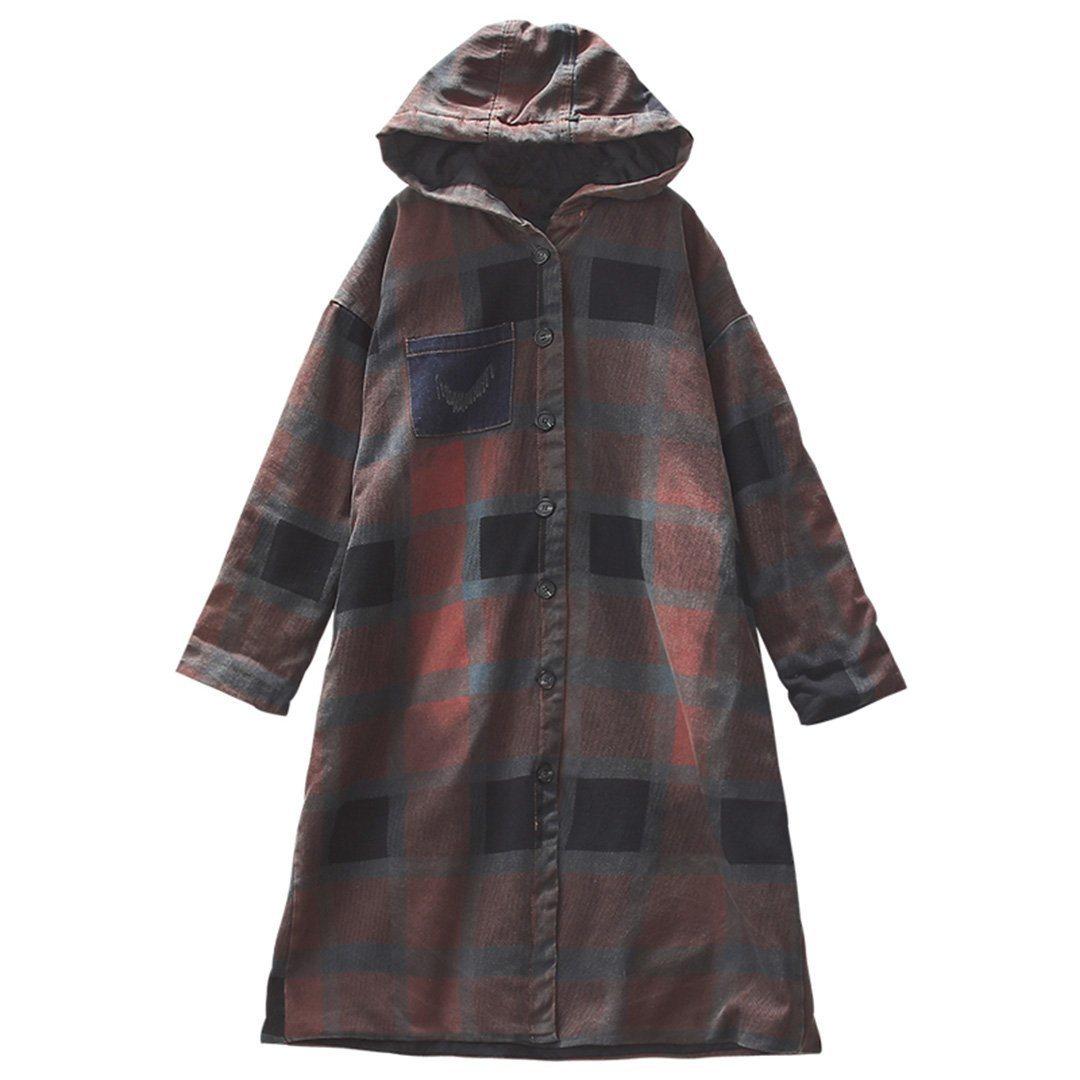 plaid hooded coat with pocket