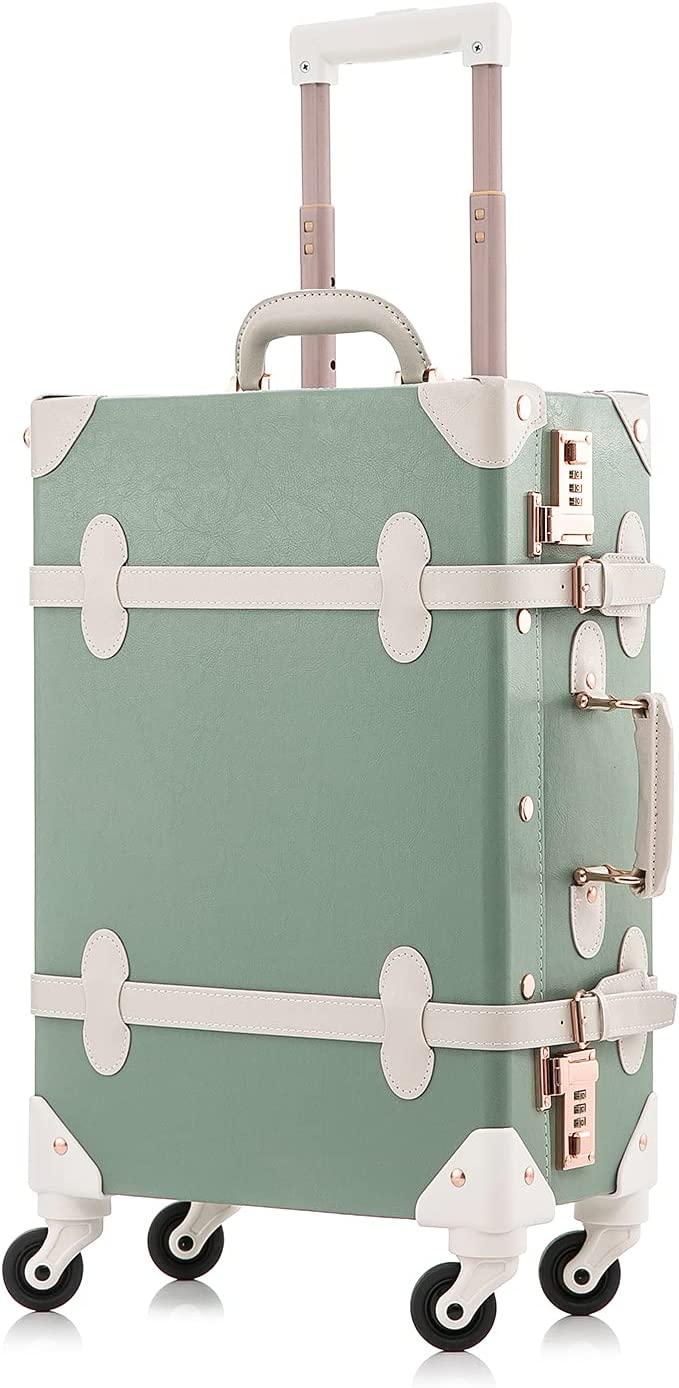 Carry on Suitcase 20 inch PU Trunk Luggage with Spinner Wheels for Women (Matcha Green)