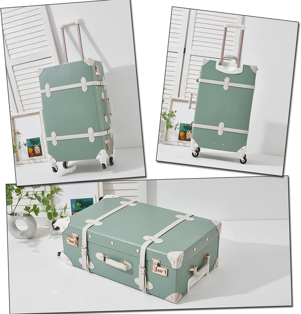 Carry on Suitcase 20 inch PU Trunk Luggage with Spinner Wheels for Women (Matcha Green)
