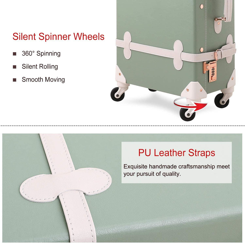 Carry on Suitcase 20 inch PU Trunk Luggage with Spinner Wheels for Women (Matcha Green)