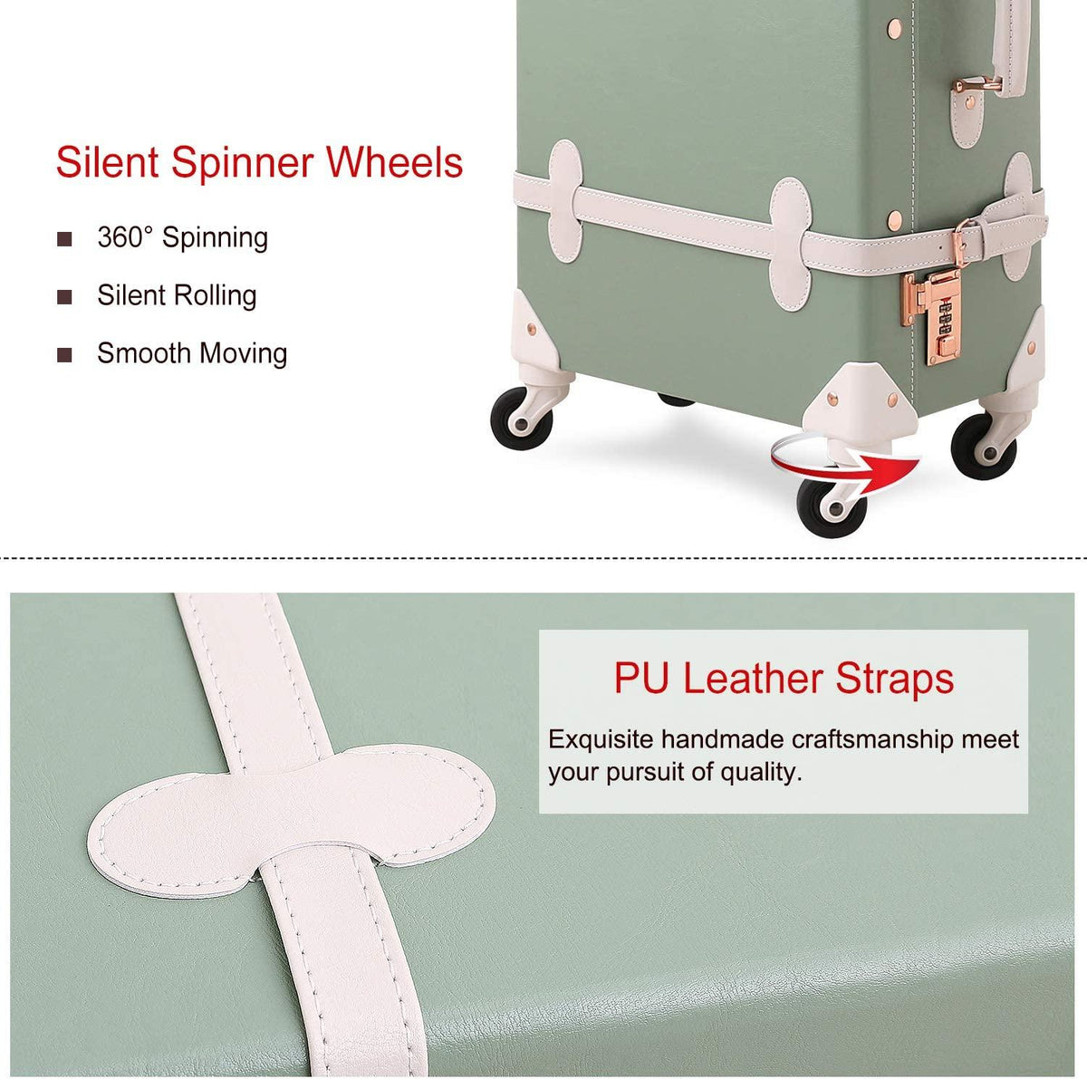 Carry on Suitcase 20 inch PU Trunk Luggage with Spinner Wheels for Women (Matcha Green)