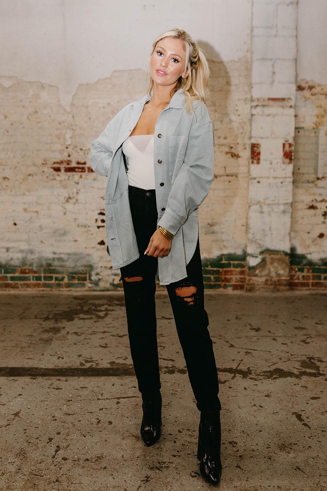 in denim boyfriend jacket top