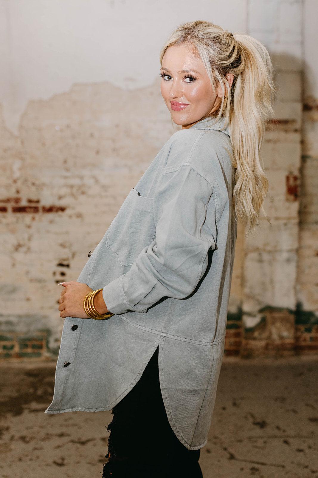 in denim boyfriend jacket top