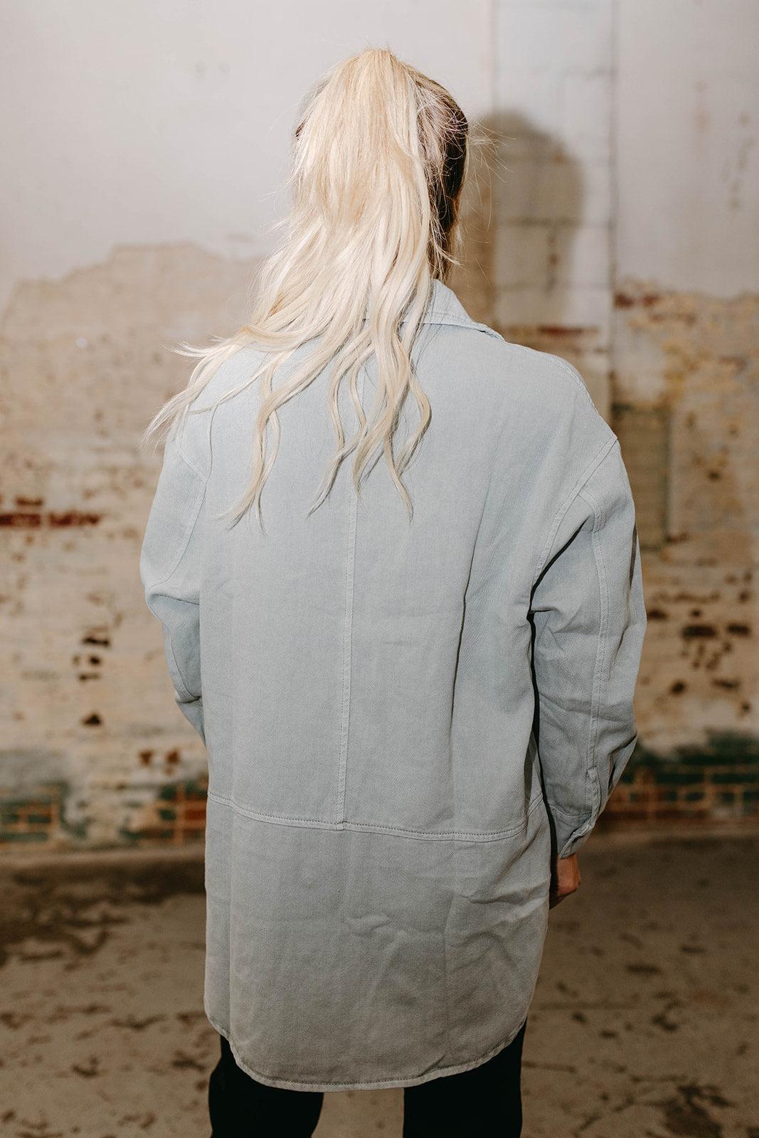 in denim boyfriend jacket top