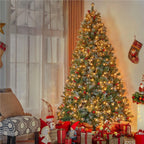 7.5ft Pre-lit Snow Frosted Artificial Christmas Tree with Red Berries and Incandescent Warm White Lights &amp; 1365 Branch Tips