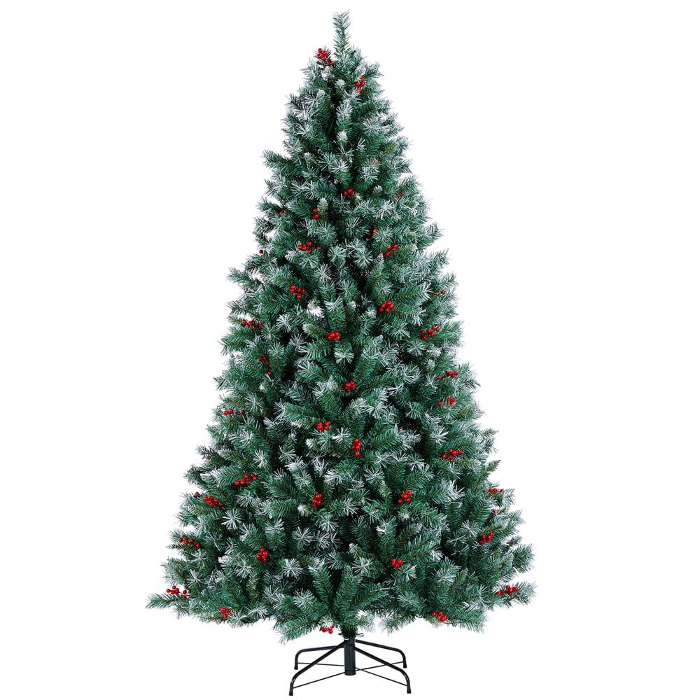 7.5ft Pre-lit Snow Frosted Artificial Christmas Tree with Red Berries and Incandescent Warm White Lights &amp; 1365 Branch Tips