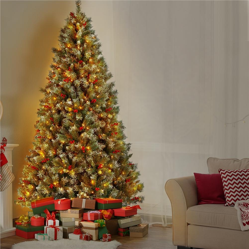 7.5ft Pre-lit Snow Frosted Artificial Christmas Tree with Red Berries and Incandescent Warm White Lights &amp; 1365 Branch Tips