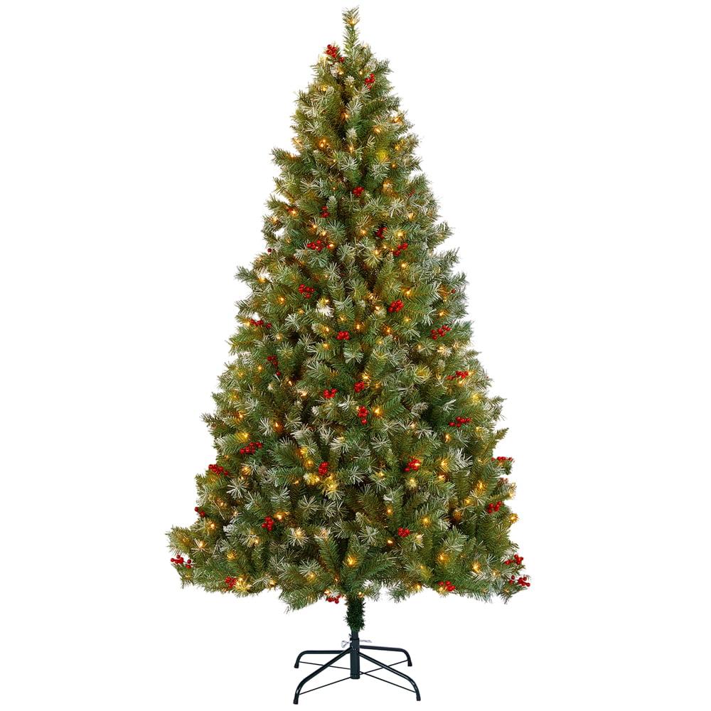 7.5ft Pre-lit Snow Frosted Artificial Christmas Tree with Red Berries and Incandescent Warm White Lights &amp; 1365 Branch Tips