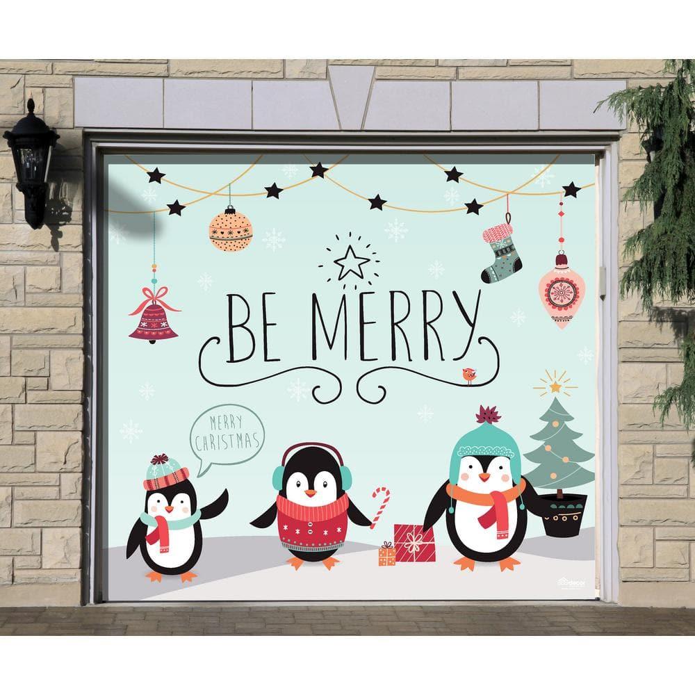 7 ft. x 8 ft. Merry Penguins-Christmas Garage Door Decor Mural for Single Car Garage