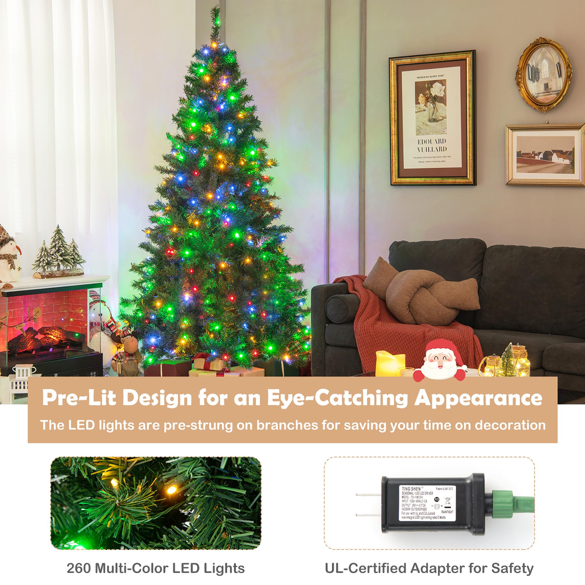 Costway 6FT Pre-Lit Hinged Christmas Tree w/ 260 Multi-Color Lights No Fluffing Required