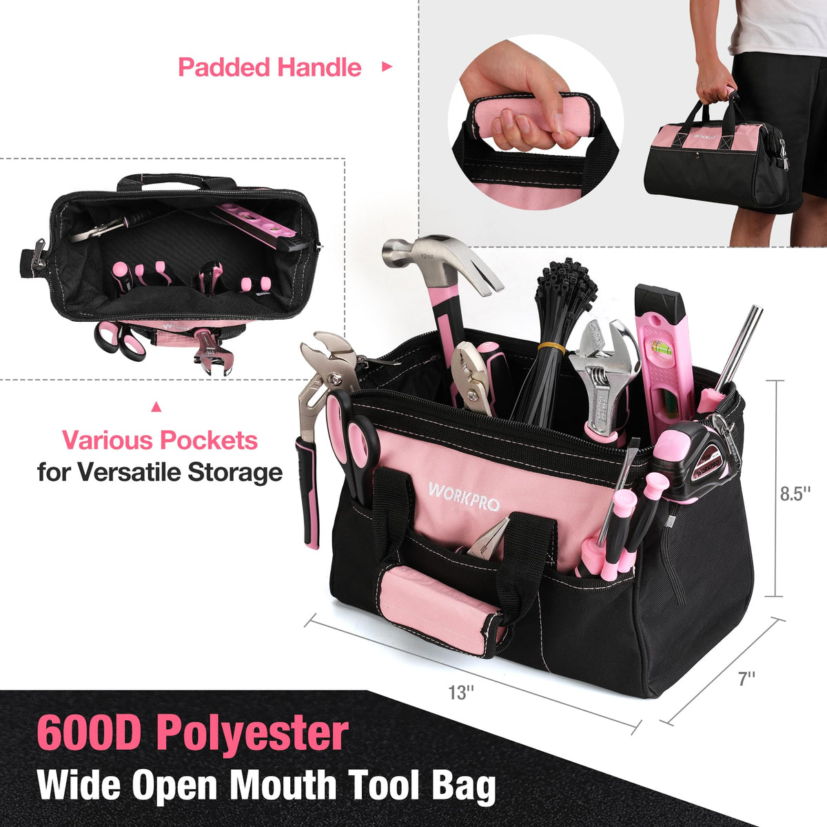 Pink Tool Set, 277 PCS Home Repairing Tool Kit, Pink Tool Bag with 13-Inch Wide Mouth Open StoraBag, Portable Home Tool Kit Including Hammer, Screwdriver, and Household Tools - Pink Ribbon