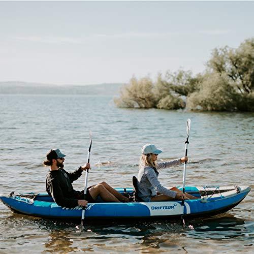 Driftsun Voyager 2 Person Tandem Inflatable Kayak, Includes 2 Aluminum Paddles, 2 Padded Seats, Double Action Pump and More