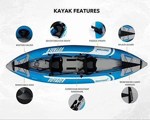 Driftsun Voyager 2 Person Tandem Inflatable Kayak, Includes 2 Aluminum Paddles, 2 Padded Seats, Double Action Pump and More
