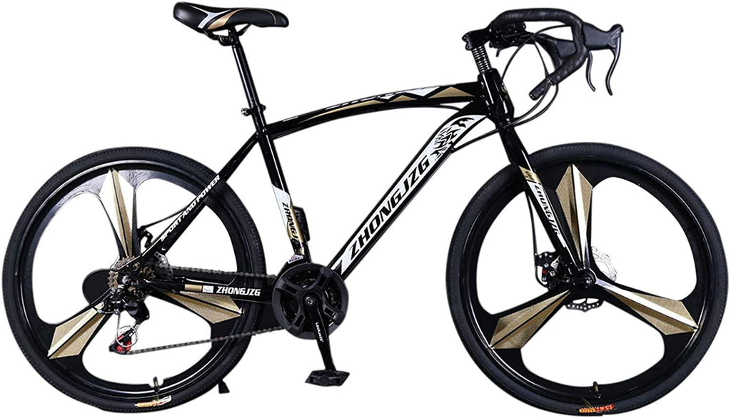 amidoa Road Bike Aluminum 700C Wheels 21 Speed Dual Disc Brakes Full Suspension 26 inch Road Bicycles with Simanos Aluminum Frame for Men Women(Gold), Small
