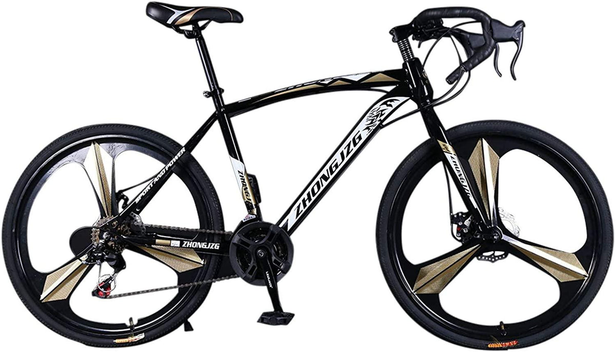 amidoa Road Bike Aluminum 700C Wheels 21 Speed Dual Disc Brakes Full Suspension 26 inch Road Bicycles with Simanos Aluminum Frame for Men Women(Gold), Small