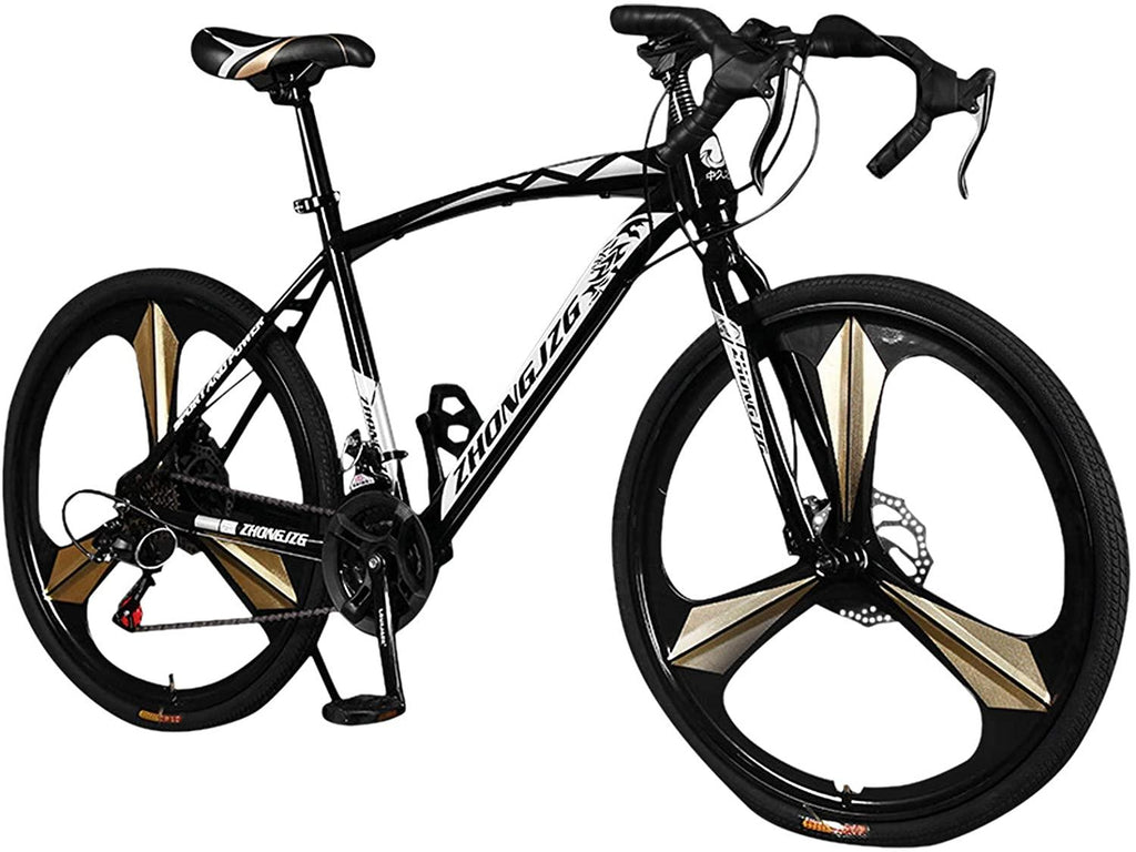amidoa Road Bike Aluminum 700C Wheels 21 Speed Dual Disc Brakes Full Suspension 26 inch Road Bicycles with Simanos Aluminum Frame for Men Women(Gold), Small