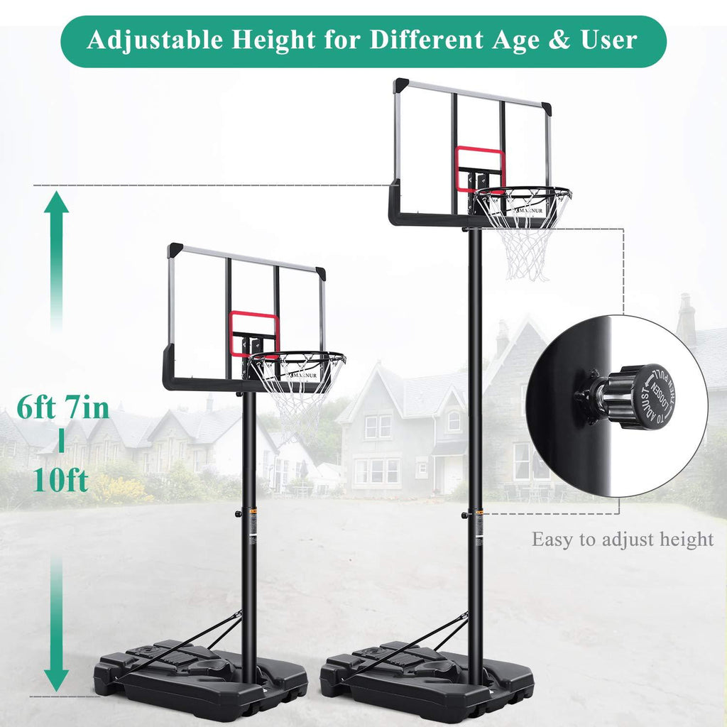 MARNUR Basketball Hoop Outdoor Basketball Goal Portable Basketball System Set with Height Adjustable 6ft 7in-10ft with 44 Inch Backboard &amp; Wheels for Family Indoor